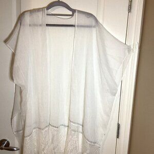 Women's White Beach Swimsuit Cover Up Duster Kimono Style Sleeves Sheer Lace